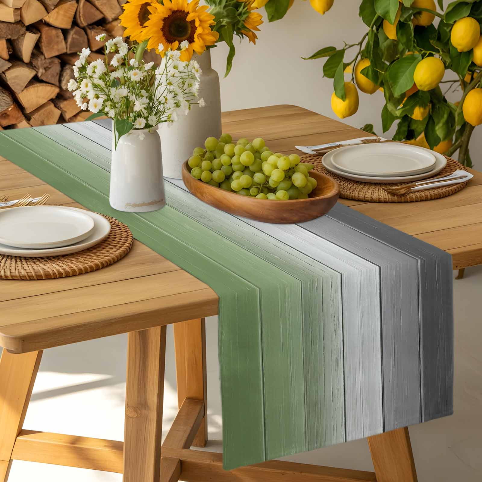 Sage Green Gray Ombre Cotton Linen Table Runner for Dining Kitchen, Vintage Country Wooden Wedding Outdoor Party Tablerunners Decoration, Dresser Scarf Coffee Tablecloth Runners 13x90 Inches