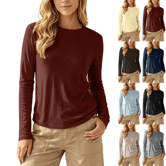 Women's Long Sleeve Crew Neck Basic Tees Solid Color Soft and Comfortable Casual Tops