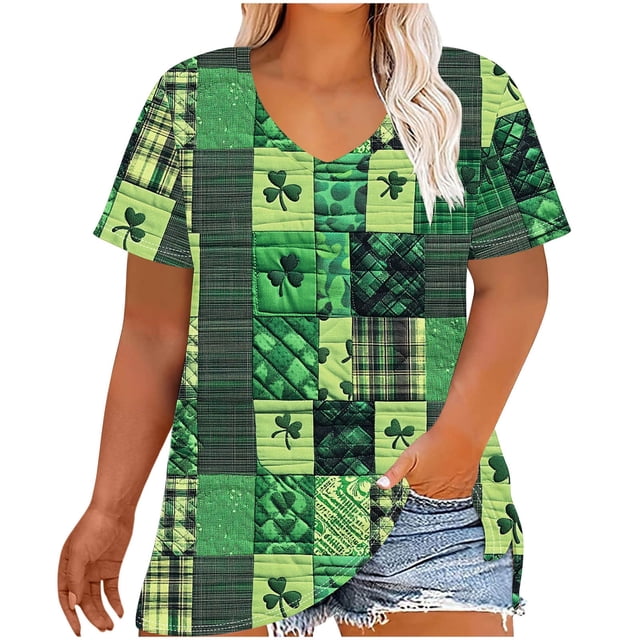 Tamaño Más Manga Corta Tops para la Impresión de Cuello en V de las Mujeres, Color Sólido Base de Verano Blusa Casual