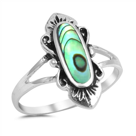 - Simulated Abalone Long Oval Flower Ring .925 Sterling Silver Band Size 10