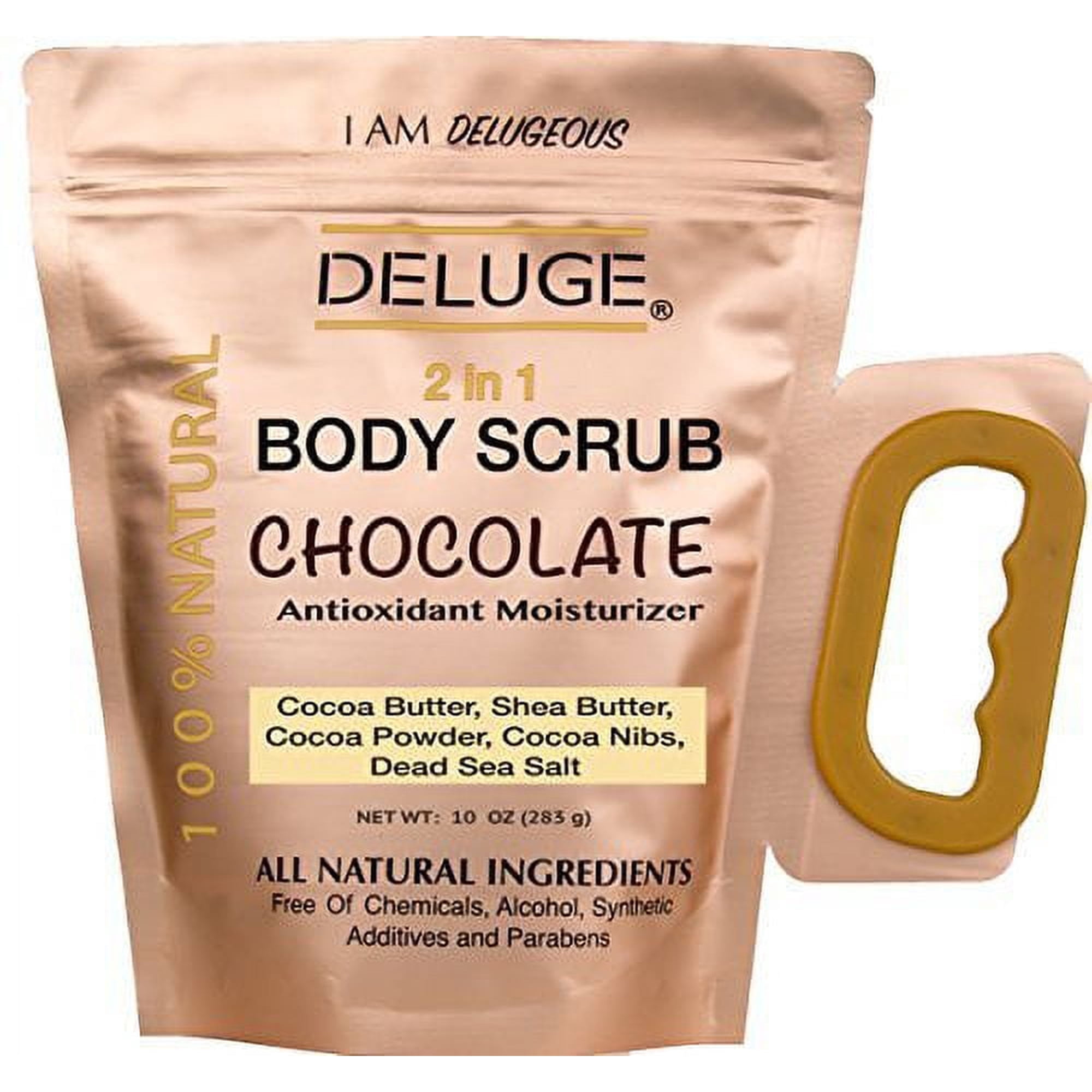 Deluge Chocolate Body Scrub with Shea Butter, Cocoa Butter, Cacao Nibs, and Dead Sea Salt – Deep Exfoliant & Antioxidant Moisturizing Formula (10 oz)