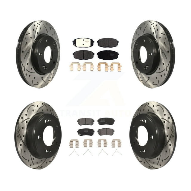 Transit Auto Front Rear Coated Drilled Slotted Disc Brake Rotors and Semi-Metallic Pads Kit for Car Hyundai Kona Kia Seltos KDF-101044