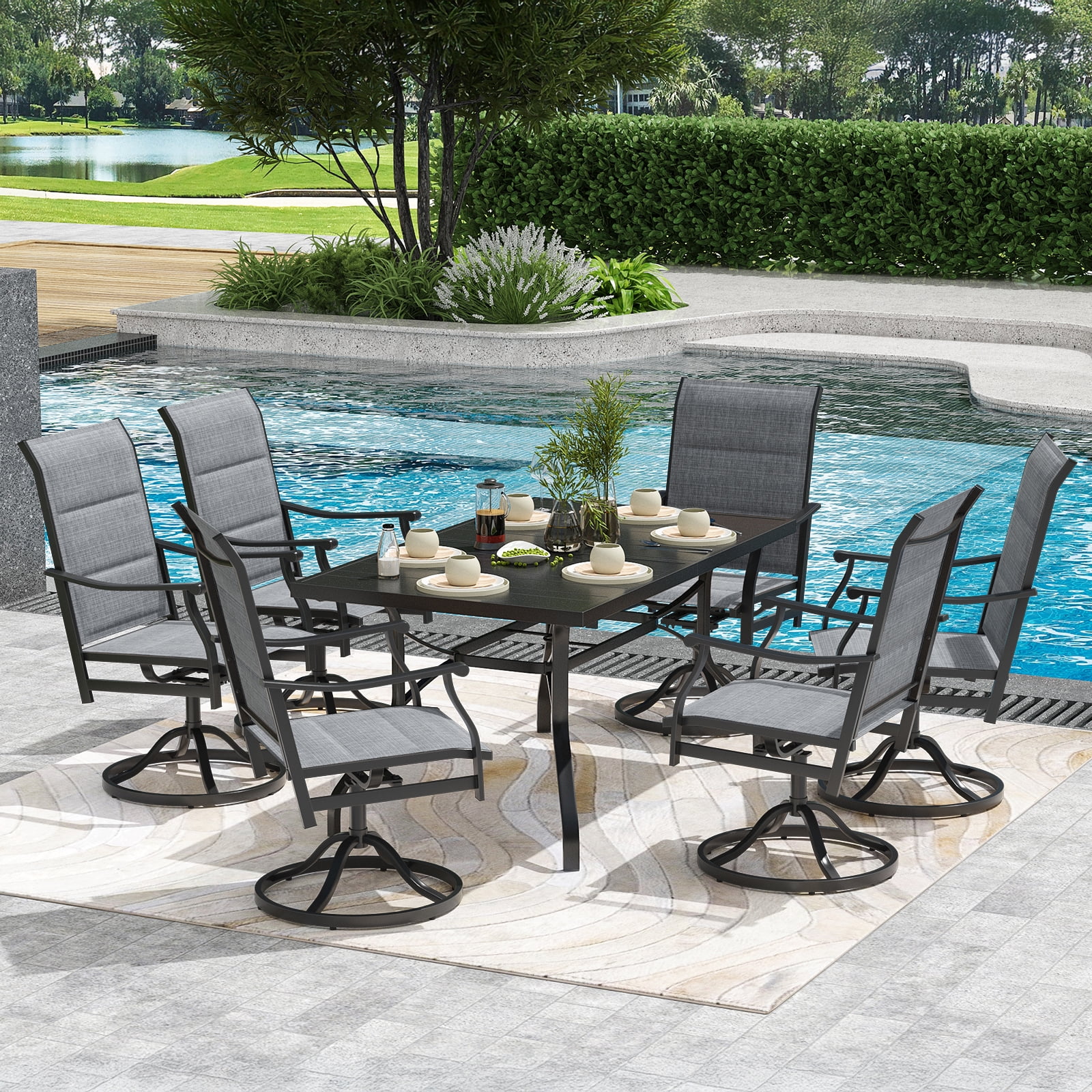 MAYEERTY 7-Piece Patio Dining Set:1 Black Rectangular Table with 1.57" Umbrella Hole & 6 Gray Paded Swivel Textilene Chairs