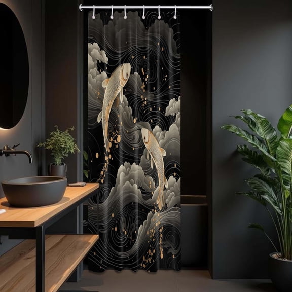Japanese Shower Curtain Koi Fish Anime Asian Mens Bathroom Decor, Waterproof Cloth Fabric with Hooks, 36x72 Inch