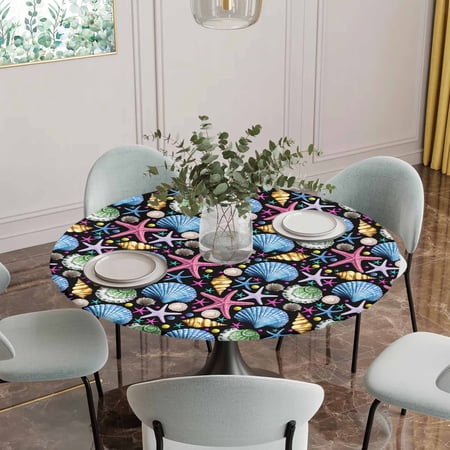 Fitted Tablecloth for Round Table Summer Sea Shell Starfish Conch Table Cover with Elastic Edge Waterproof Table Cloth Marine Life on Black Circle Table Covers for Kitchen Indoor Outdoor Picnic