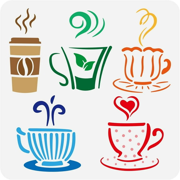 Hot Drinks Stencil for Painting 11.8x11.8inch Reusable Cups Mugs Stencil Large Coffee Tea Drawing Template Daily Theme Stencil for Painting On Canvas Fabric Wood Clothing DIY Crafts