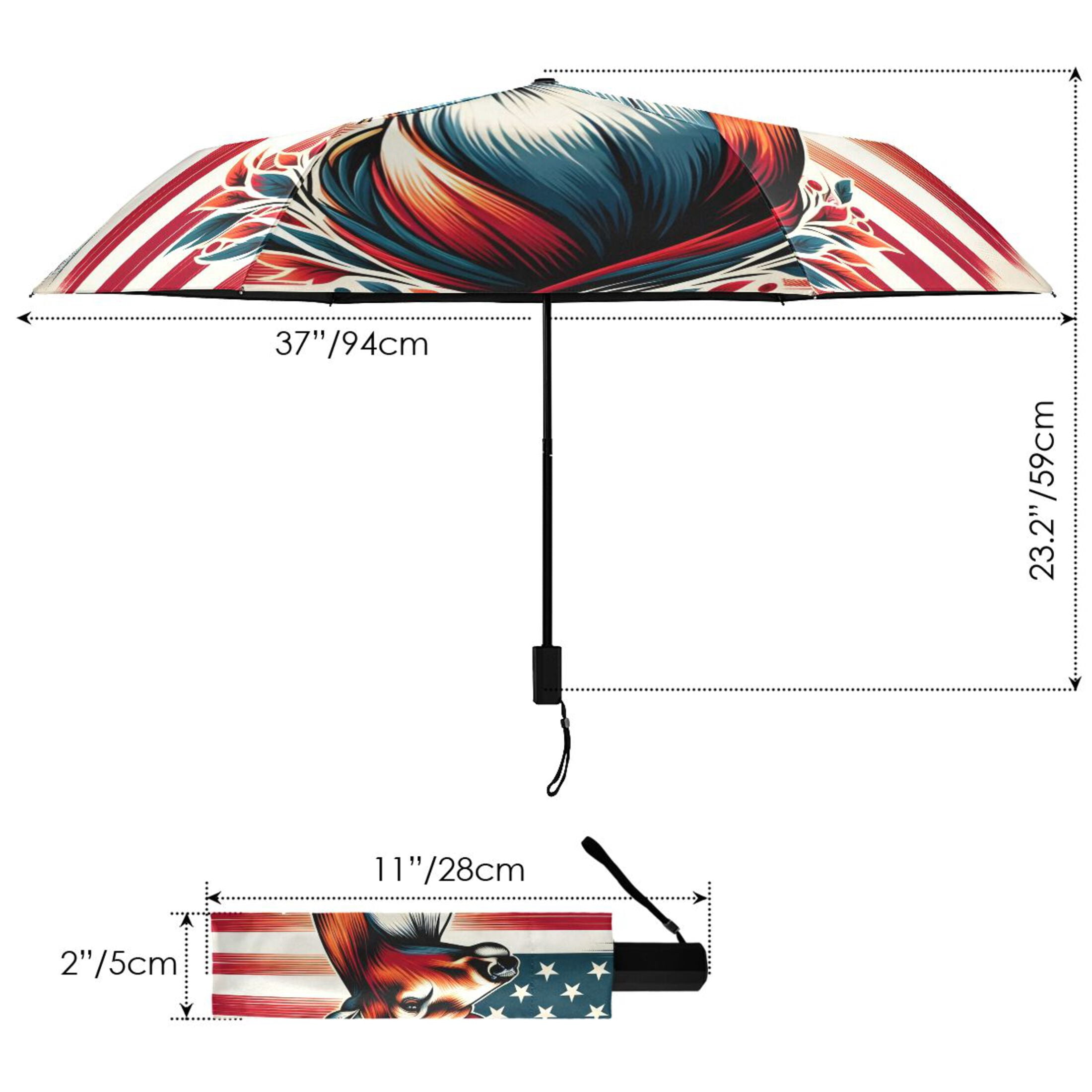 Beautiful Deer with American Flag Compact Sun Umbrella Windproof Travel Umbrellas for Rain Strong Portable UV Protection