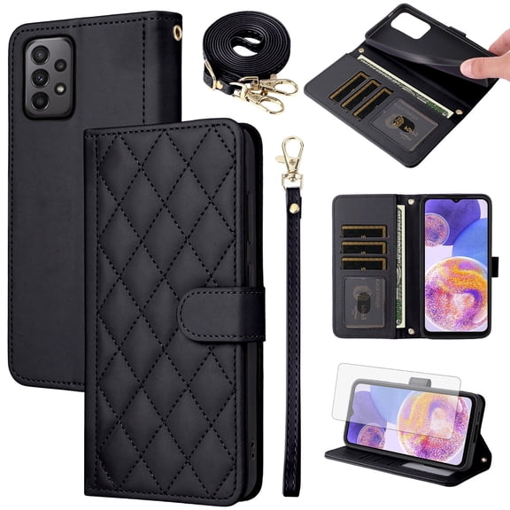Furiet Argyle Wallet Case for Samsung Galaxy A23 5G/4G with Tempered Glass Screen Protector Wrist Strap Shoulder Strap, Card Slot Luxury PU Leather Stand Phone Cover for A 23 23A 6.6 Women Men Black
