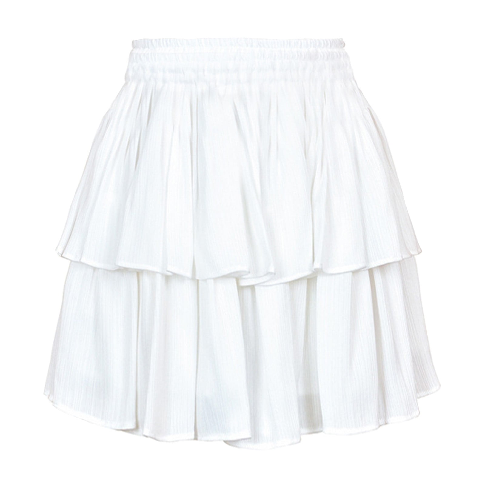 XIUH Women s Solid Color Pleated Layered Mini Skirt Elastic Waist Ruffle Skirt White L