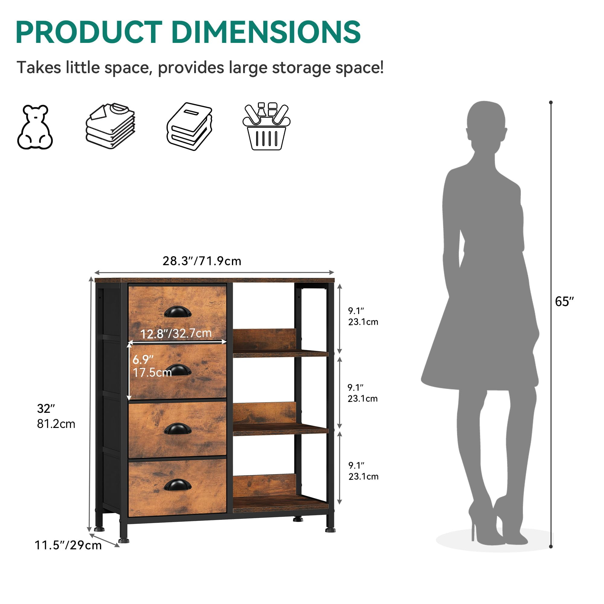 DEXTRUS 4-Drawer Fabric Storage Tower with Side Shelf, Organizer for Adults, Black/Brown