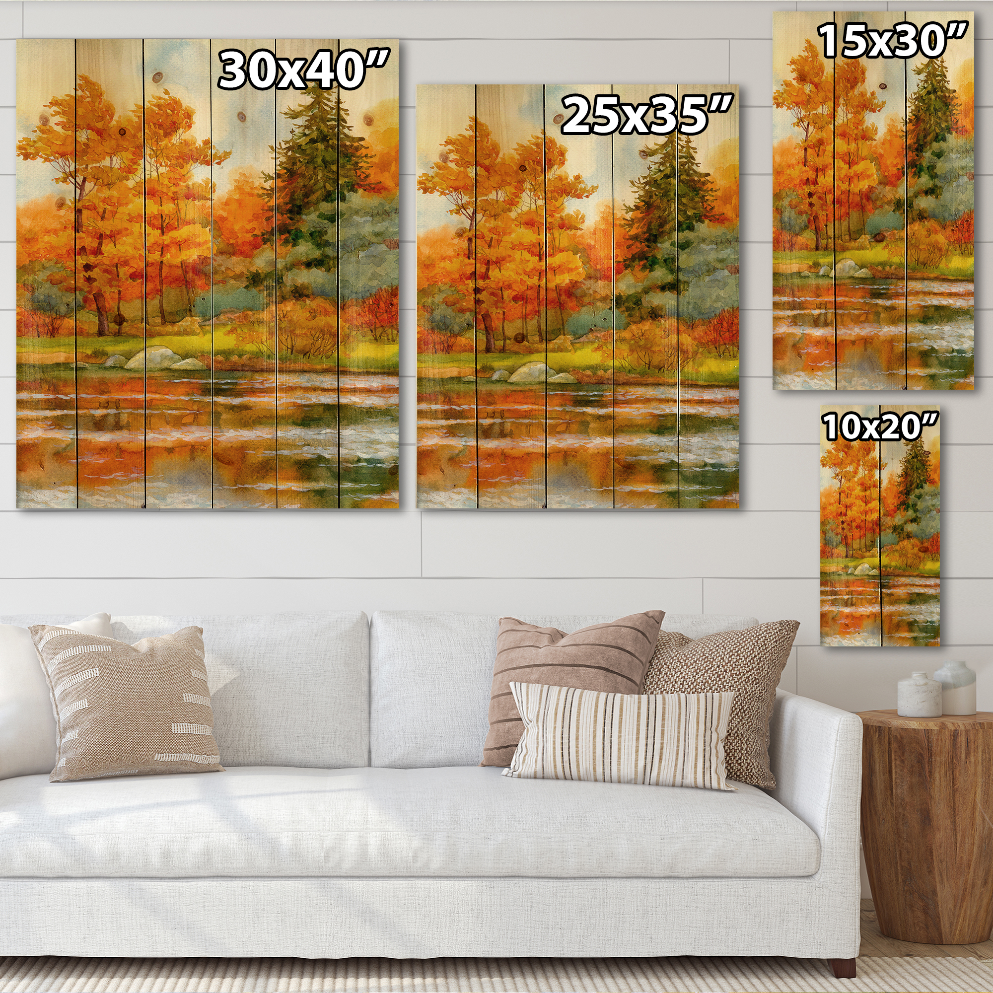 Designart 'Autumn Forest By The Lake Side III' Lake House Print on Natural Pine Wood