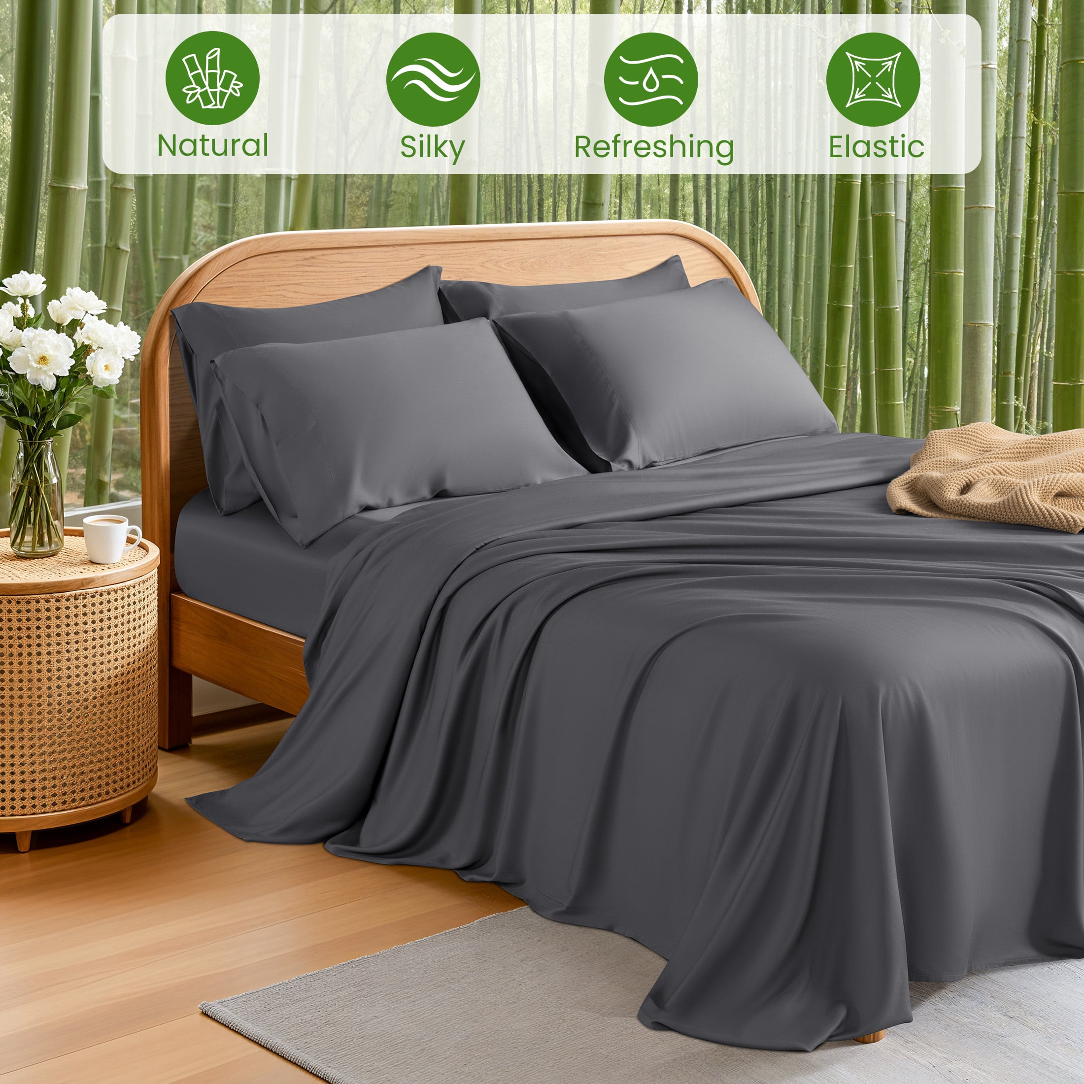 Sonoro Kate 100% Organic Luxurious Bamboo Sheets, King Sheet Set 6-Piece with 16" Deep Pocket, Silky Smooth Luxury Bed Sheets, Dark Gray