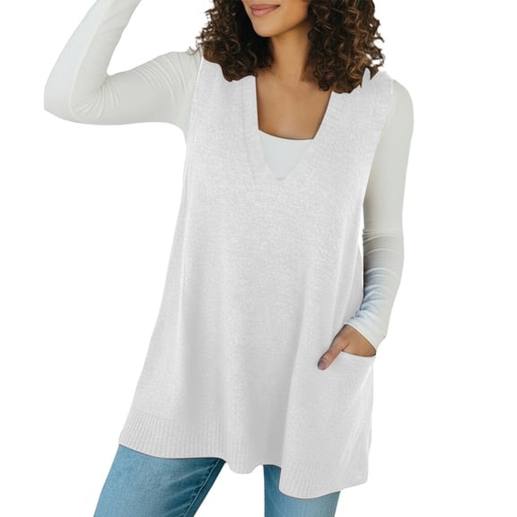 oqasdz Sweaters for Women V Neck Knit Sleeveless Long Sweaters Vest with Pocket Fall Winter Pullover Warm Fashion Top Casual Comfort Soft