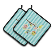 Caroline's Treasures Birdhouses on Blue Stripes Pair of Pot Holders