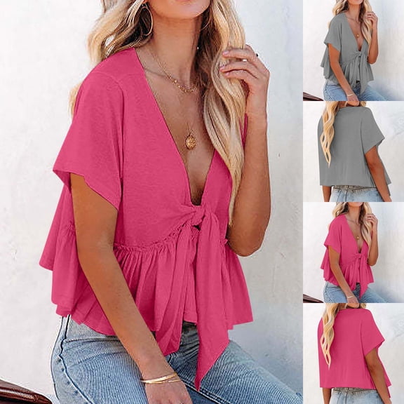 Ahuyic Womens Plus Size Top,Womens Summer Blouse,Womens Lightweight Solid Crop Blouse - Short-Sleeve Tie-Front Ruffle Hem Top for Breathable Summer Wear Gray XXL