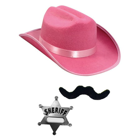 Child's Pink Country Cow Girl Cowboy Hat With Mustache And Badge Accessory Kit