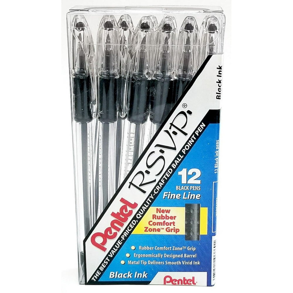 NEW Pentel 12PACK RSVP Ballpoint Stick Pen BLACK Ink Fine Point .7 mm