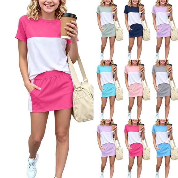 SGFCWSX Girls Summer Outfits 2 Piece Color Block Short Sleeve Tops Pocket Skort Casual Daily Clothing Set Hot Pink Size 10