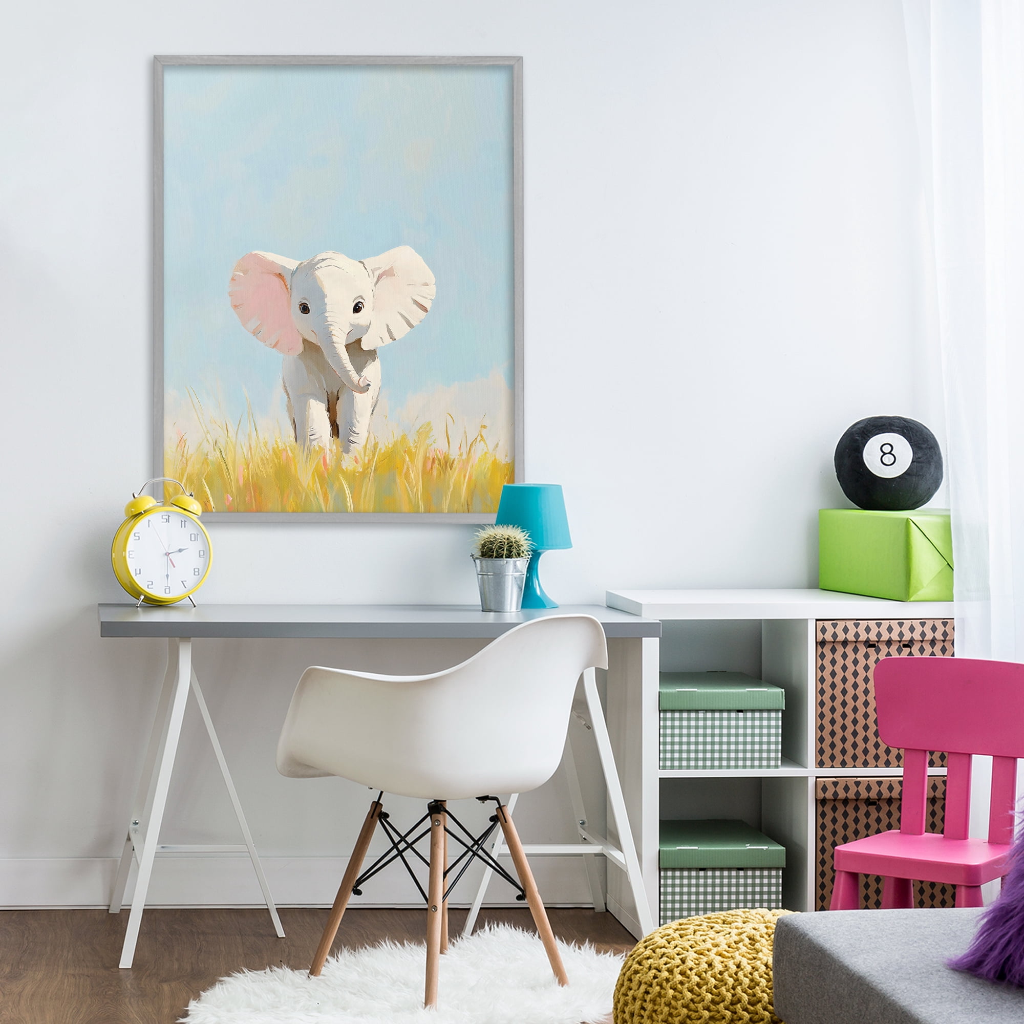 Stupell Industries White Baby Elephant in Grass Gray Framed Giclee Art, design by The Prints Vibe