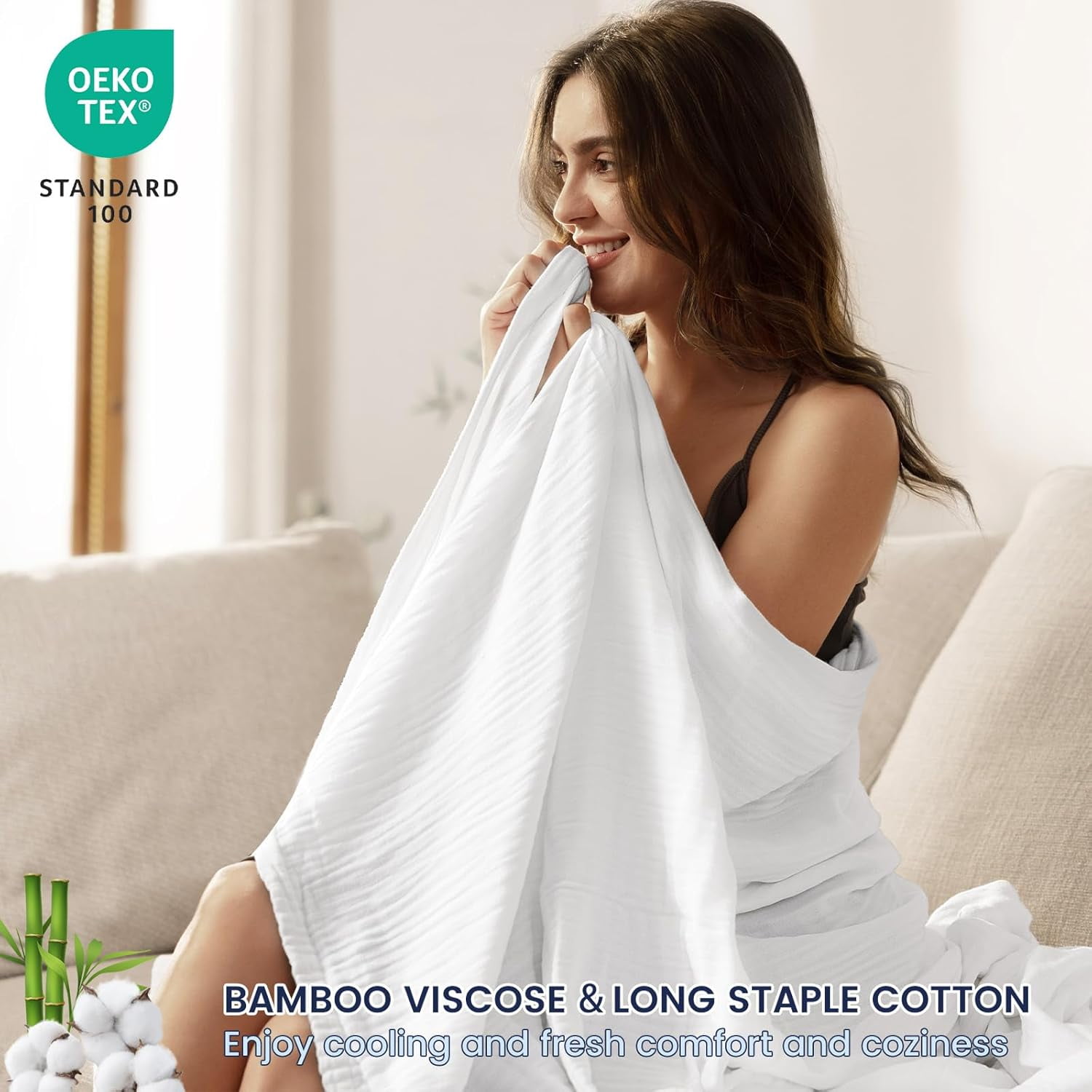 PHF Cooling Muslin Twin Blanket for Hot Sleepers, 4-Layer Breathable Bamboo Rayon & Cotton Gauze, Lightweight Summer Blanket for Bed or Couch, 66" x 90", White