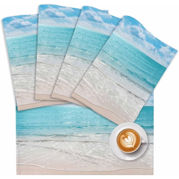 Placemats Set of 2, Summer Beach Blue Ocean Waves Placemats for Dining Table, Coastal Nautical Style Spill Proof Washable Place Mats Heatproof Table Mats for Kitchen,Dining Room