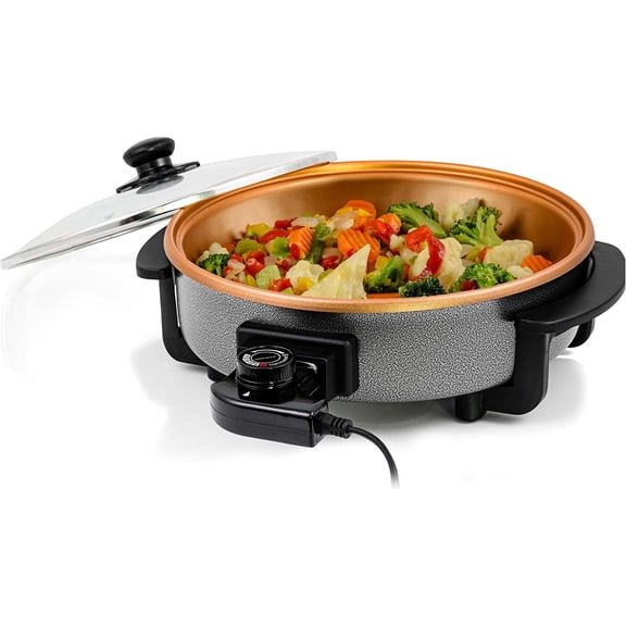 OVENTE 11.5-Inch Electric Skillet & Frying Pan, 1400W Nonstick Cooking Pan with Adjustable Temperature Control, Tempered Glass Lid with Steam Vent, Cool-Touch Handles, Easy Clean Copper SK11112CO