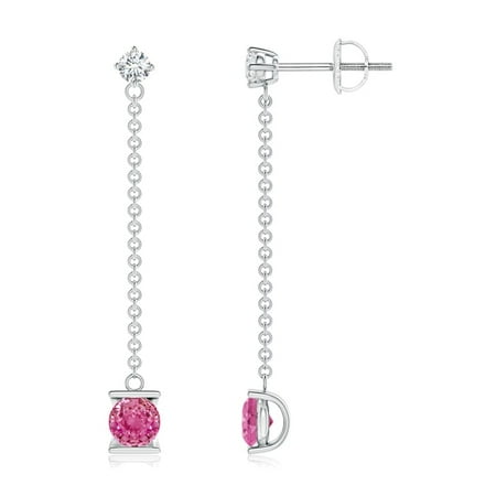 Chain Platinum Earrings - September Birthstone Earrings - Yard Chain Diamond and Pink Sapphire Drop Earrings in 14K White Gold (4mm Pink Sapphire) - SE1092PSD-WG-AAA-4