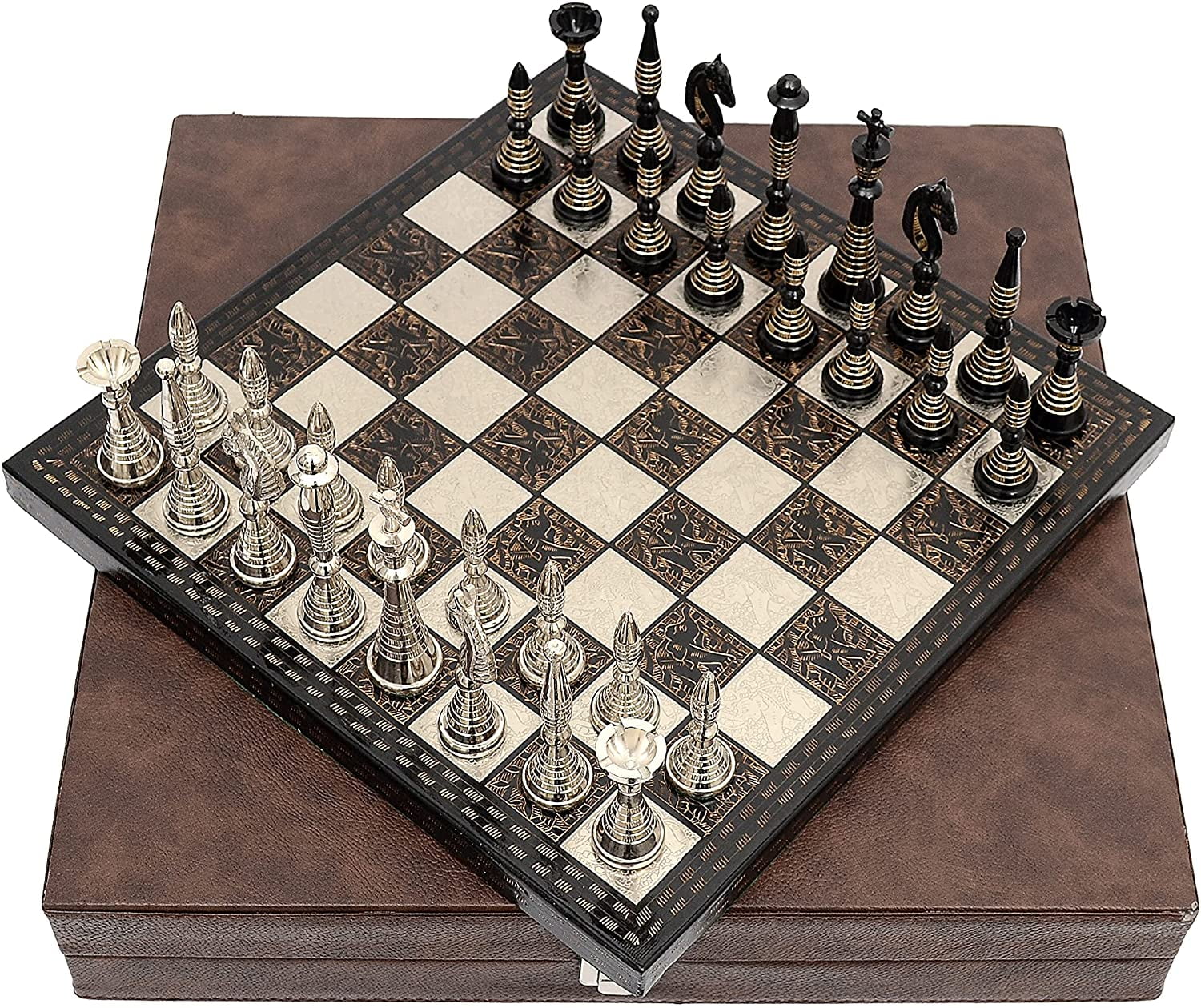 The Palm Art Series Chess set , Silver & Black Coated Brass , 3.5 King  with 12 Brass Chess Board