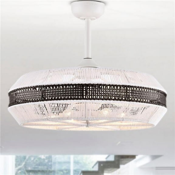 Kauman 27 in. 6-Light Indoor Gloss White and Black Rattan Finish Ceiling Fan with Light Kit