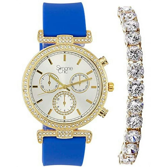 Stand Out Get Noticed! Big Face Ladies Bejeweled Rubber Iced Out Colorful Watch with Genuine Rhinestone Diamond Accents - Touch of Female Celebrity Glamour - ST10385T Royal Blue Tennis