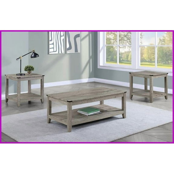 Rustic Gray Brown Wooden 3-Piece Coffee Table Set - Rectangular Coffee   Square End Tables for Living Room, Easy Assembly & Shelf Storage