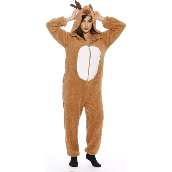 Adult Christmas Onesie For Women Sherpa Pajamas Reindeer, Reindeer, Size: L, Prestigez