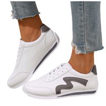 Rokment Womens Casual Leather Low Top Fashion Sneakers White Comfortable Trendy Walking Running Flat Tennis Shoes with Memory Foam Grey Size 6.5