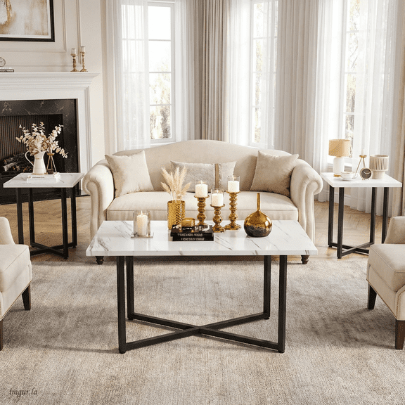 Baxluxe Coffee Table Set 3 Piece for Living Room,1 Coffee Table and 2 End Tables Sets,Modern Coffee Table and Side Table Set with Metal Frame for Apartment Home Office, White