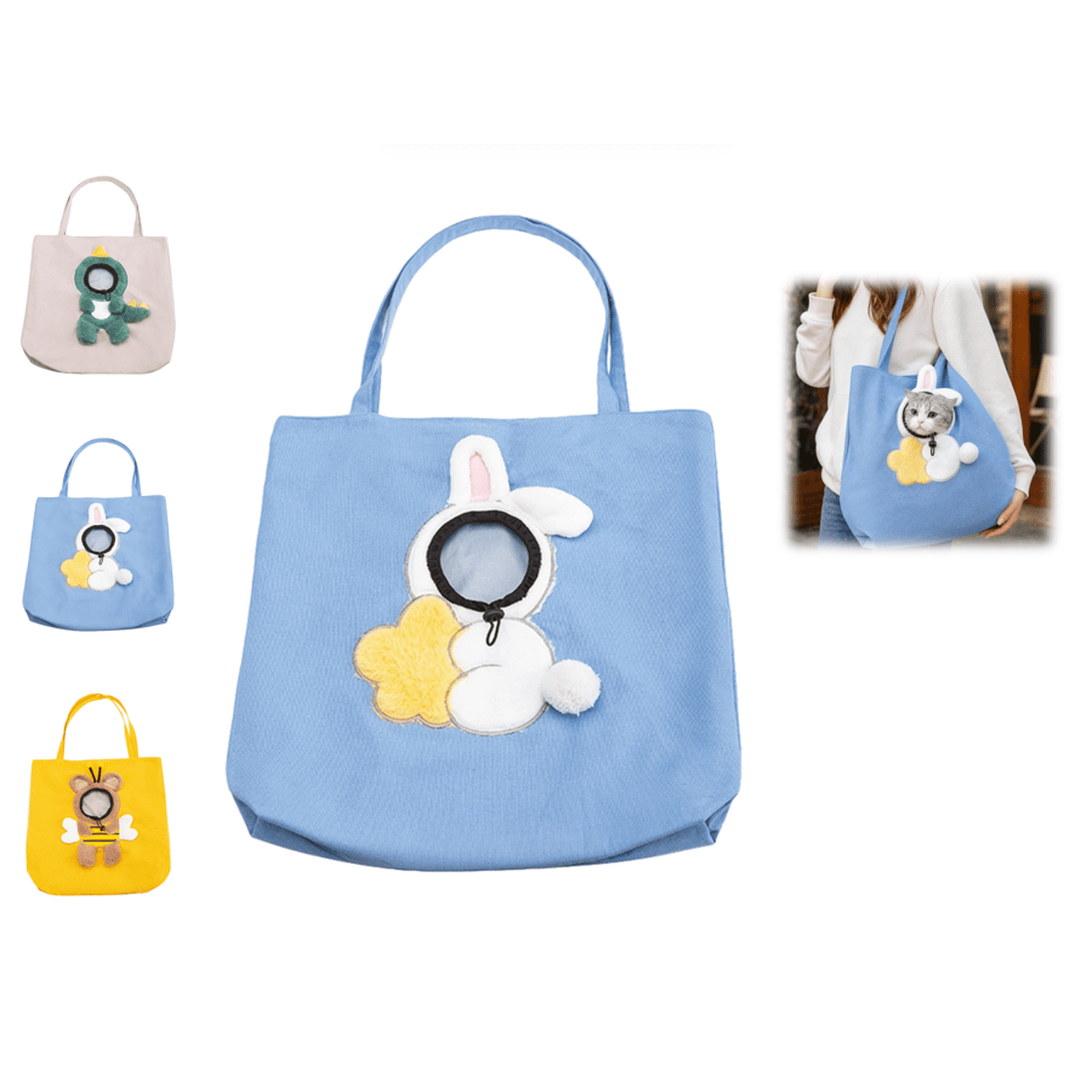 2026 Premium! Cute Pet Dew Head Carrier Canvas Shoulder Tote Bag Reusable and Environmentally Friendly Pet Holder for Commuters (Rabbit)
