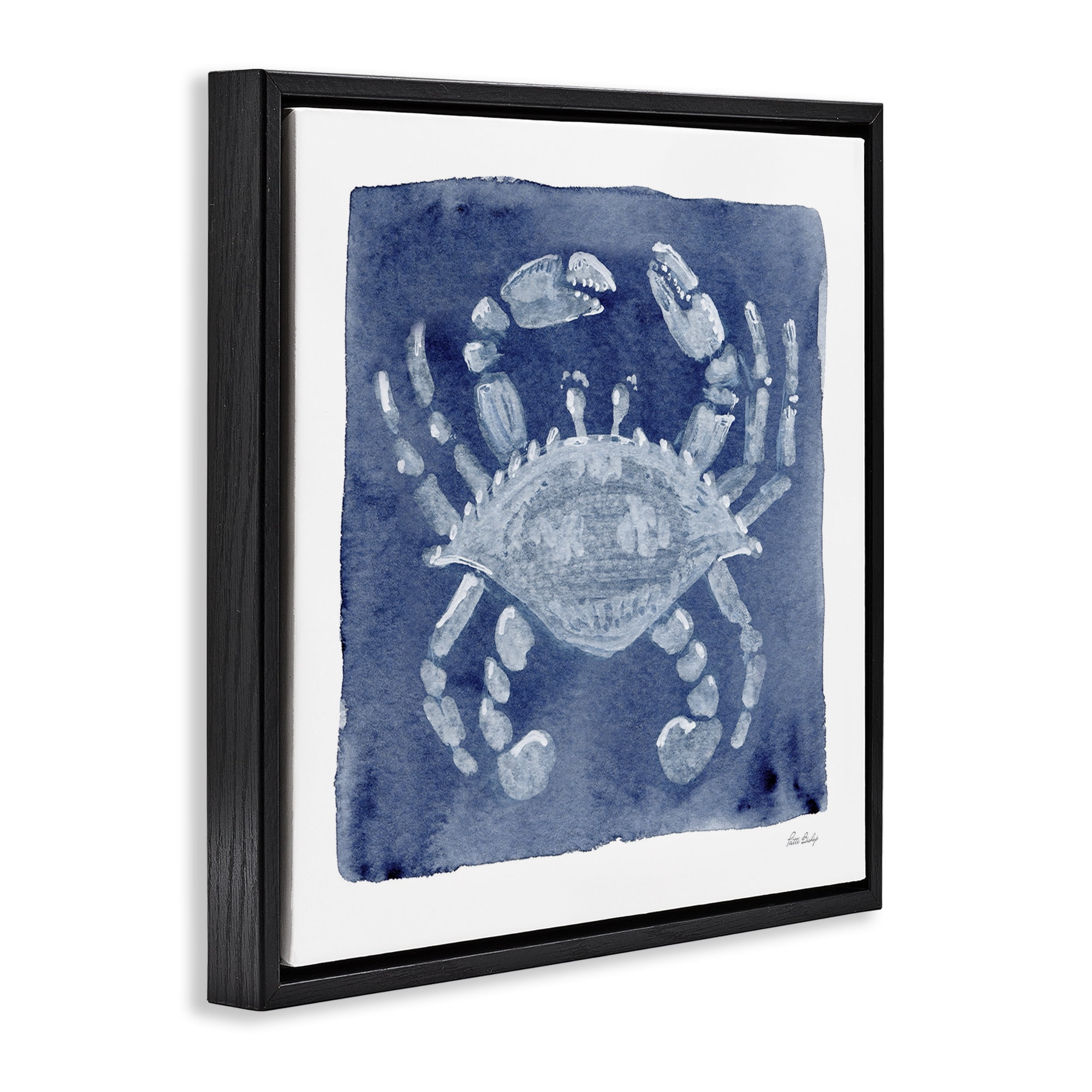 Stupell Industries White Crab on Indigo Black Framed Floater Canvas Wall Art, design by Patti Bishop