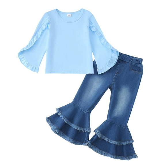 Kucznuki 3T Toddle Girls Outfit Set 4T Kid Child Winter Clothes Ruffle Long Sleeves Solid Color Top Flared Denim Pants Sets 2pcs Sweet Clothing Blue
