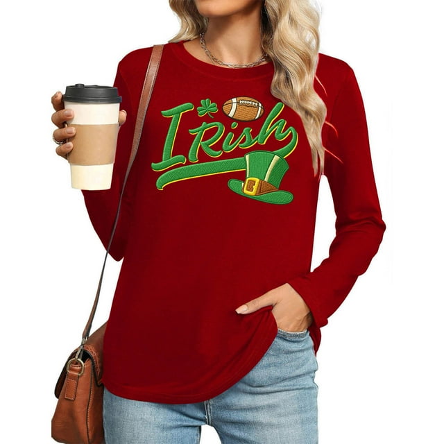 Uootdi St Patricks Day Long Sleeve Shirts for Women Retro Lucky Clover Tshirt Irish Shamrock Graphic Tee Tops Gift