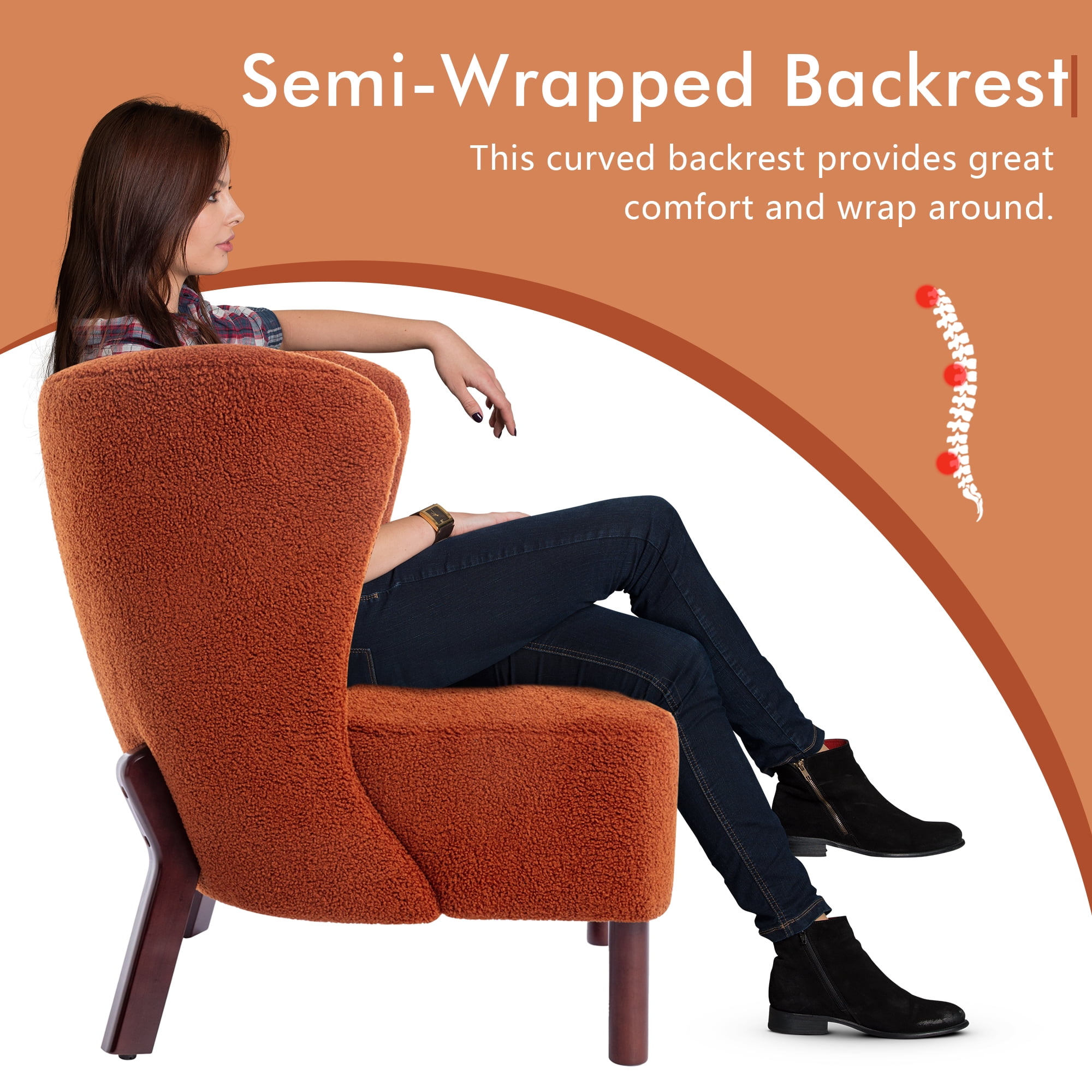 Miniyam Sherpa Boucle Accent Chair with Wooden Legs,Round Upholstered Armless Chair for Small Spaces,Reading Chair,Orange
