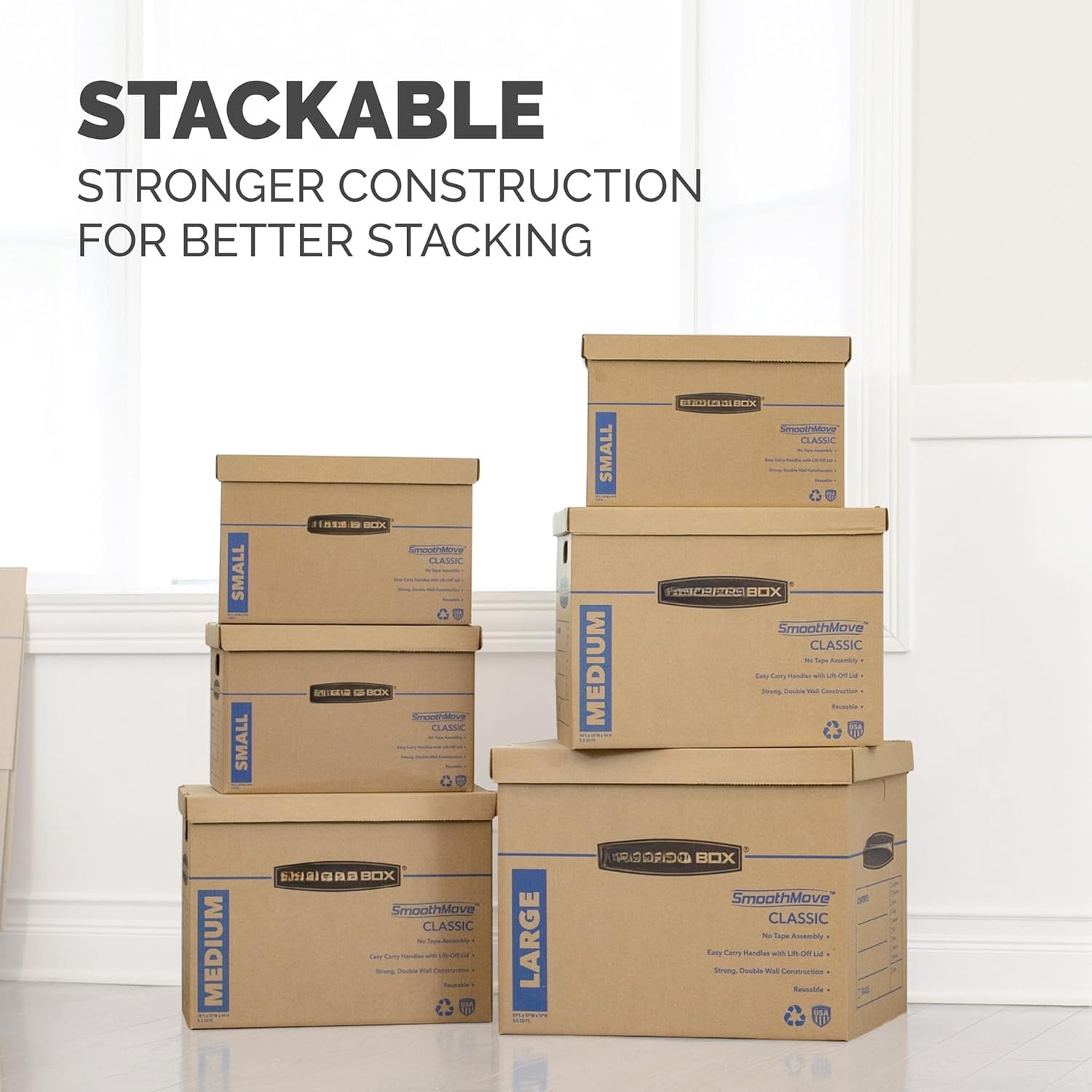 Medium Classic Moving Box 8 Pack, Reinforced Handles, Tape-Free Assembly, Box with Lid