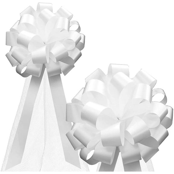 White Wedding Pull Bows with Tulle Tails - 8" Wide, Set of 6, Reception, Pew Bows, Event Decor