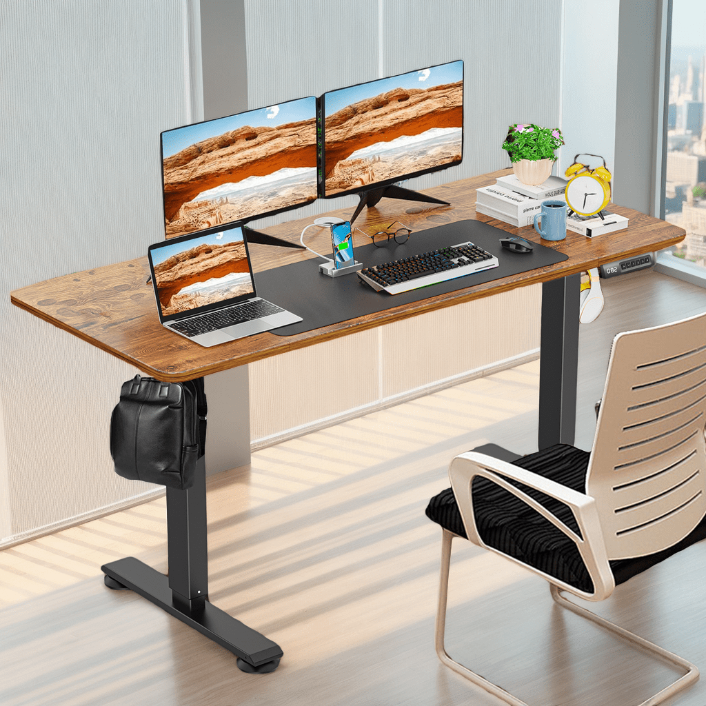 Legooin 48"W x 24"D Ergonomic Gaming Desk with Wheels Height Adjustable Computer Table Wooden Standing Desk with Alloy Steel Frame for Home Office, Brown