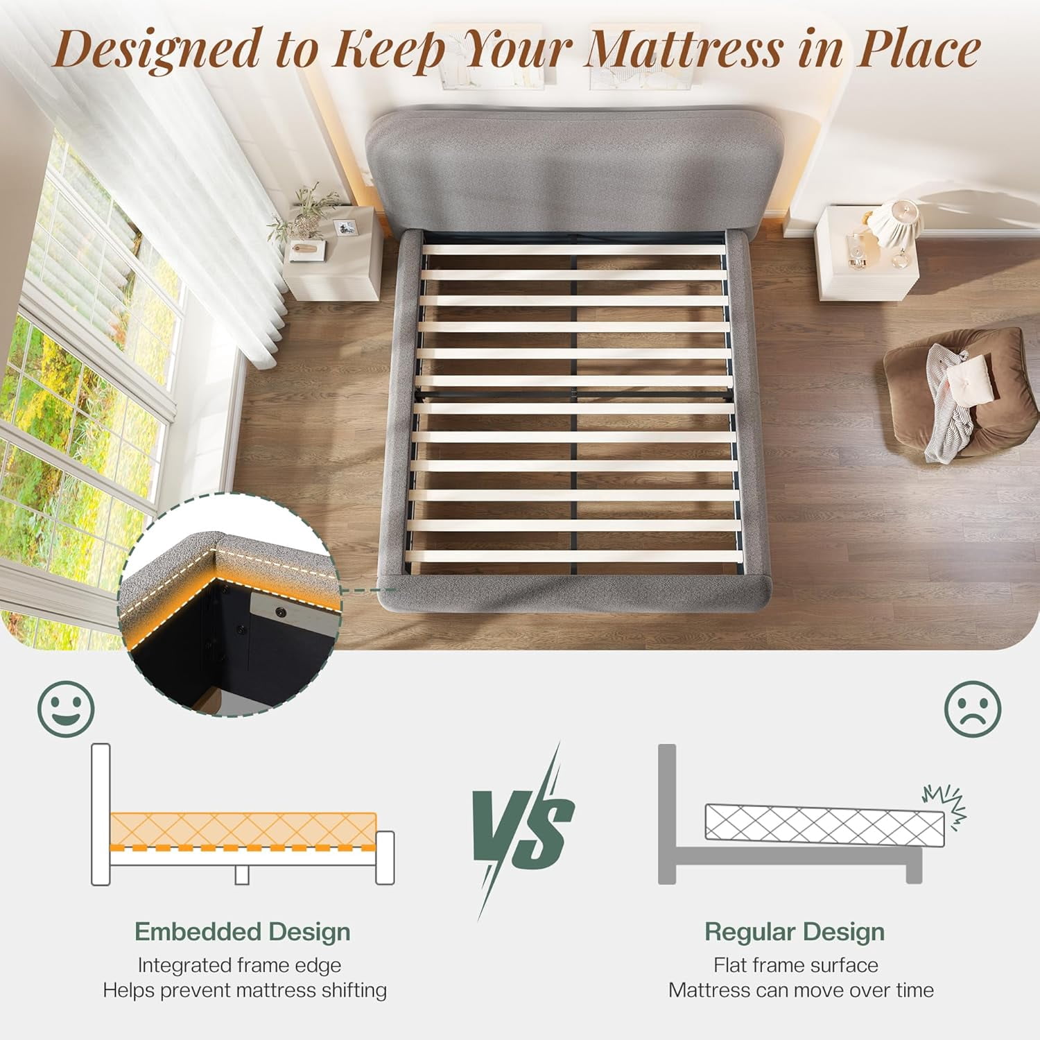 VanAcc Full Size Cloud Bed Frame, 7.1" Thick Curved Headboard, Modern Upholstered Platform Bed, Easy Assembly, Chenille Dark Grey