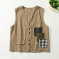 thumbnail image 2 of Fashion Vest for Women Denim Linen Waistcoat Trend Casual Denim Sleeveless Cardigan(Khaki XL), 2 of 9