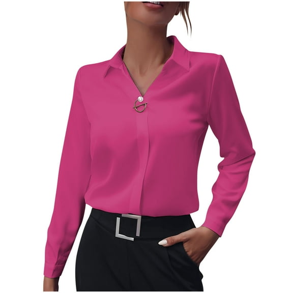 Dressy Satin Work Shirt for Women Button Down Wrinkle-Free Lightweight Smooth Loose Office Business Shirts Outfits Hot Pink XL