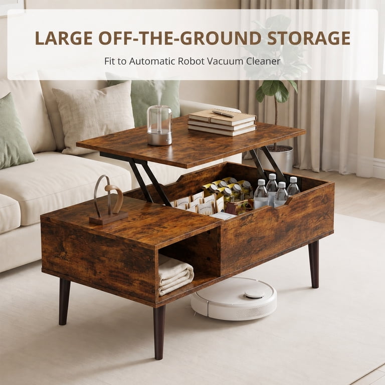 edx Adjustable Height Wooden Coffee Table, Hidden Compartments