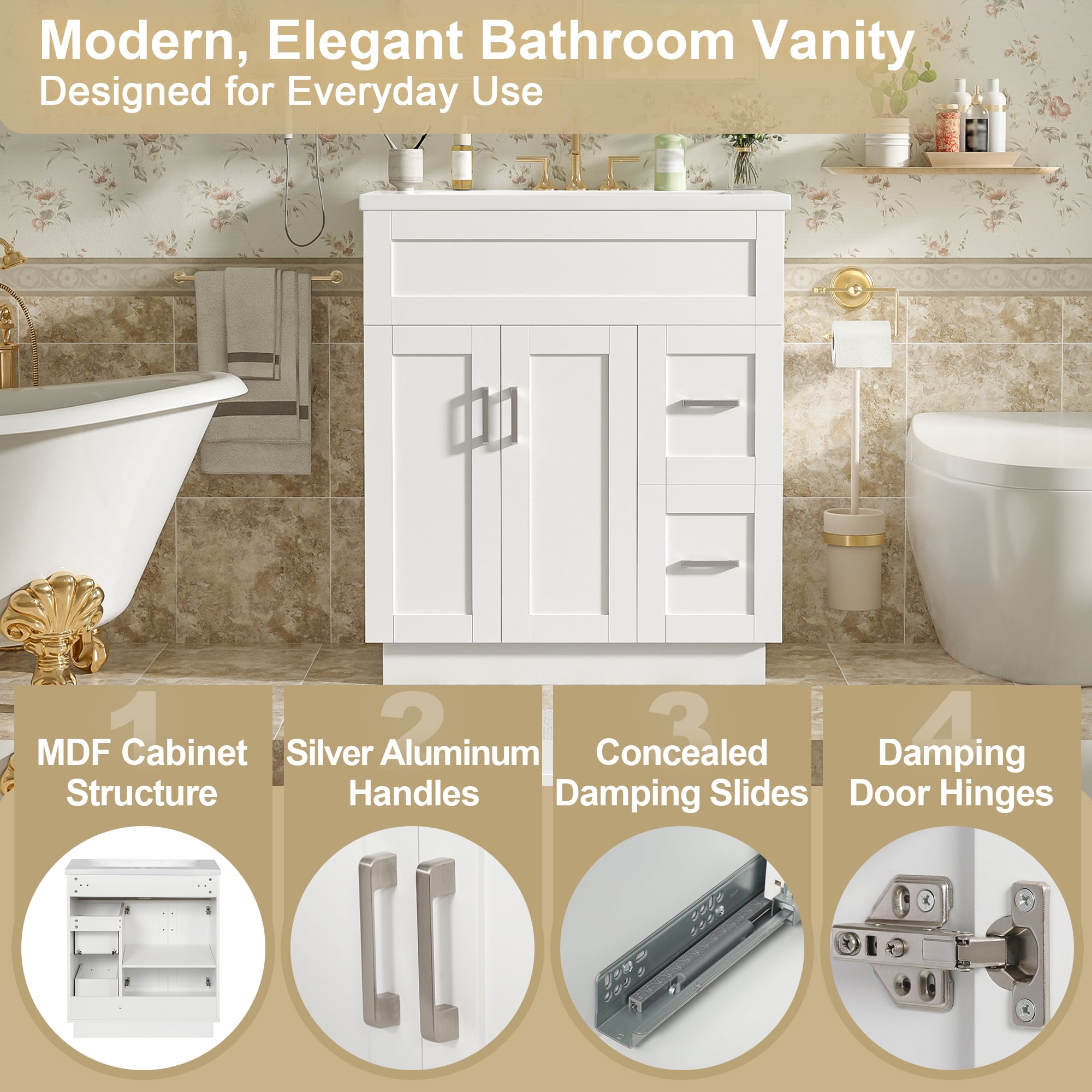 MODERNLUXE 30" Bathroom Vanity with Sink Combo,Freestanding Modern Bathroom Storage Cabinet with 2 Drawers, Adjustable Shelf & Soft Closing Doors,Solid Wood Vanity Cabinets, White