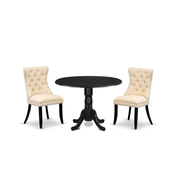 East West Furniture DLDA3-BLK-32 3 Piece Dining Table Set Includes a Round Kitchen Table with Dropleaf and 2 Upholstered Chairs, 42x42 Inch, Black