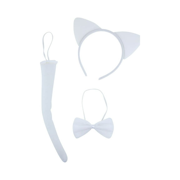 Lux Accessories Plain White Cat Ears Tail Bowtie Costume Set Halloween Party Kit