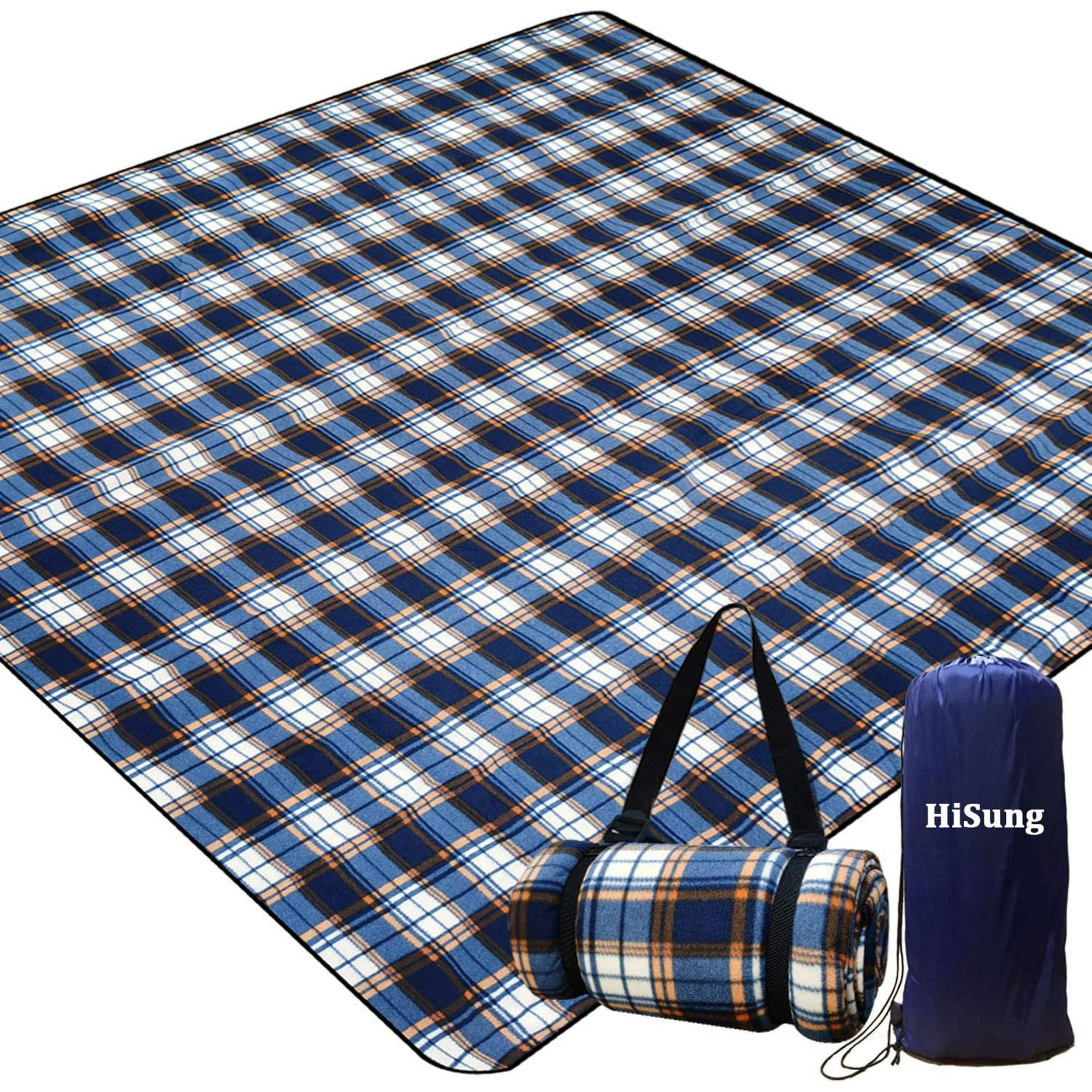 Grande Couverture De Pique-nique – 80x80 Pouces, 3 Couches, Imperméable Et Pliable – Bleu/blanc